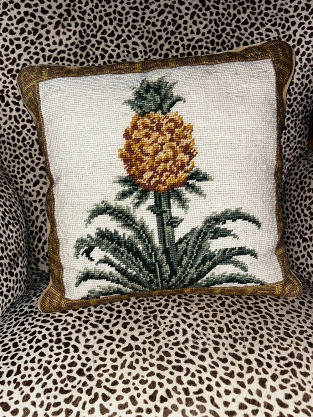 Pineapple needlepoint accent pillow tan velvet back